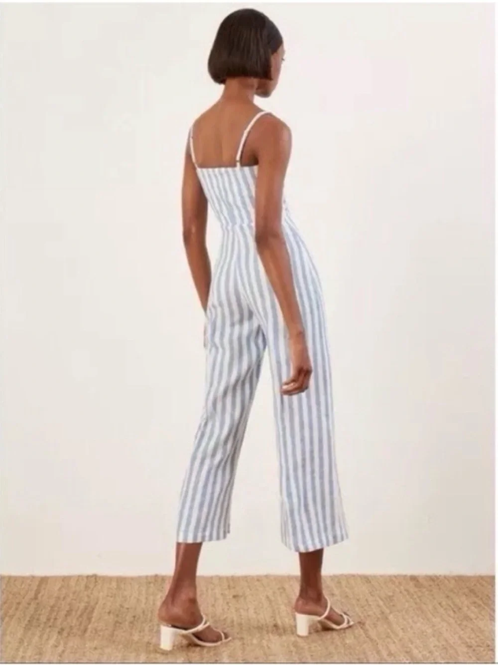 Reformation Torta Blue & White Striped Button-Front Linen Jumpsuit 4 small